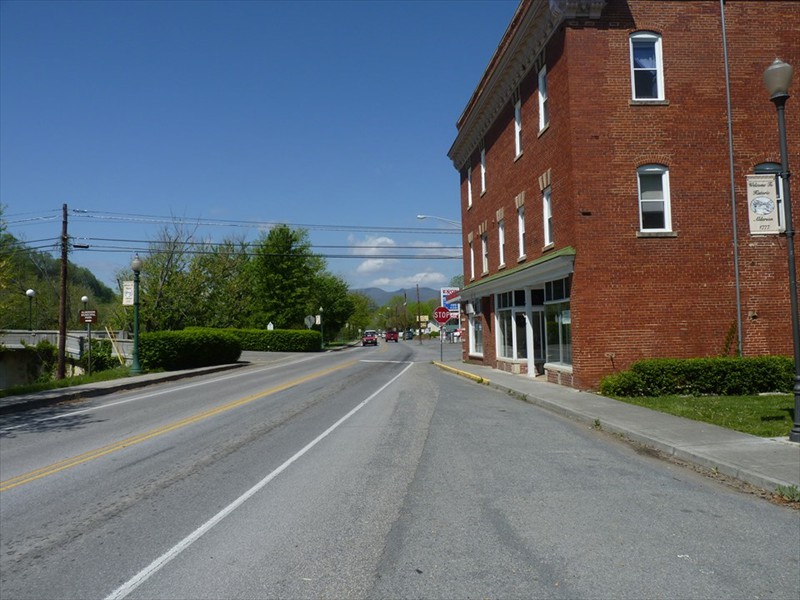 Downtown Alderson on Route 12.  Pedestrian bridge in on the left.
